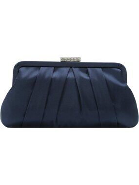 Women's Navy Classic Pleated Satin Clutch Purse Diamante Formal Evening Bag